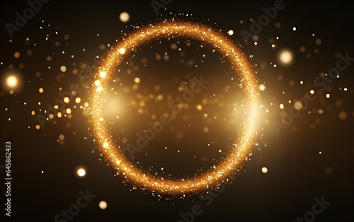 Golden sparkling ring with glitter isolated on black background with glowing lights.