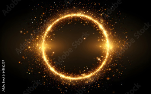 Golden sparkling ring with glitter isolated on black background with glowing lights.