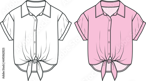 Knotted Shirt Design Technical Drawing, Shirt vector illustration with lacing detail. pink white shirt collection, Garment for Girls