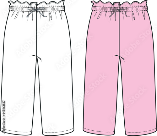Casual Pants Design for Girls, technical drawing of trousers with elastic waist, vector illustration, Pink Pants, isolated fashion illustrations