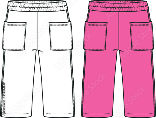 Casual Pants Design for Girls, technical drawing of trousers with elastic waist, vector illustration, Pink Pants, isolated fashion illustrations
