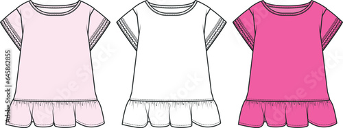 T-Shirt Design for Girls, Tee Shirt Flat Sketch Vector Template, Fashion Flat Sketch, apparel template, Black and White vector for clothing, pink white collection