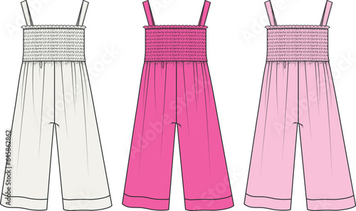 Jumpsuit Design Template, Jumpsuit Dress Technical Drawing, Vector Illustration Perfect for Spring and Summer. Jumpsuit Fashion Flat Sketch for Girls, pink white collection