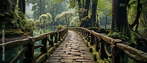 a forest with a wooden bridge.