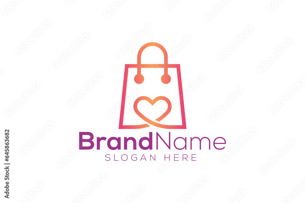 Trendy and minimal shopping bag and love vector logo design Trendy and minimal shopping bag and love vector logo design
