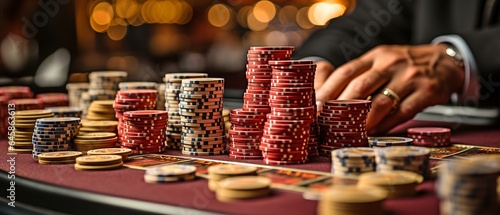 Stacks of casino chips and hands croupiers placing cards on the table. photo