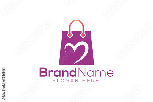 Trendy and minimal shopping bag and love vector logo design