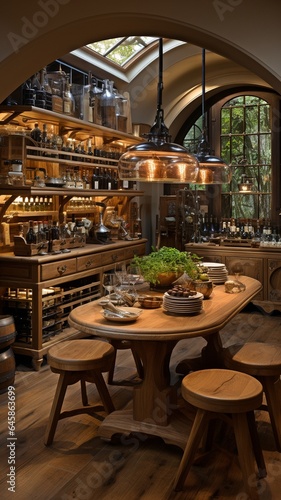 huge oak wine barrel in a lit  cold cellar.