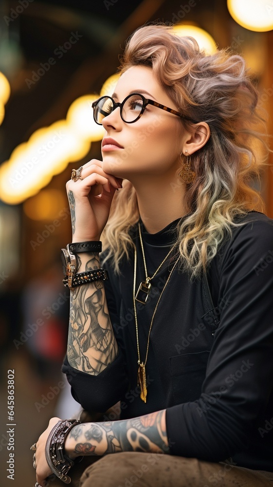 On her own scooter, a pensive, nice girl wearing glasses and covered with tattoos is relaxing..