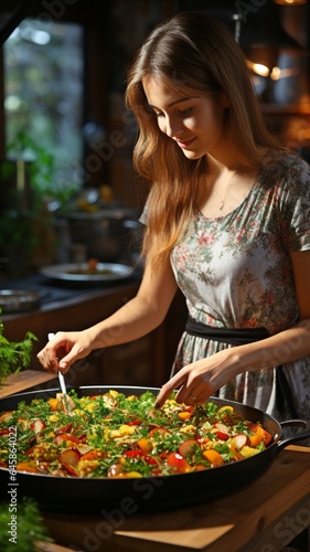 woman using pan to prepare vegetables.