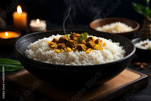Sri Lankan rice and meat curry dish- Sri Lankan Traditional food with smoking. 