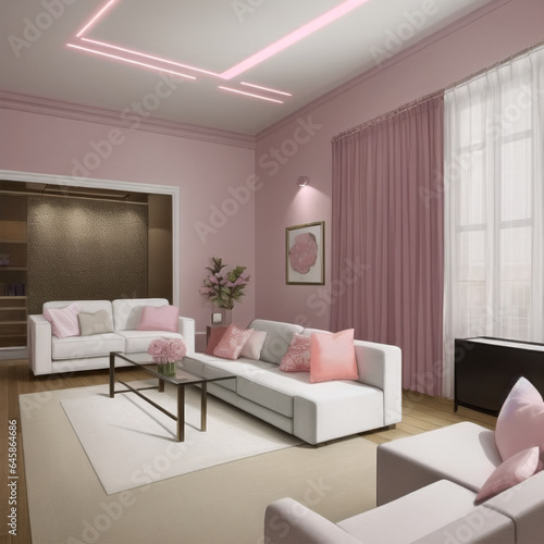 modern living room with pink sofa
