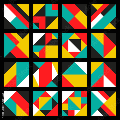 A captivating design combines abstract shapes, vibrant colors, and irregular patterns within a tiled canvas, offering a harmonious fusion of structure and creativity. #01