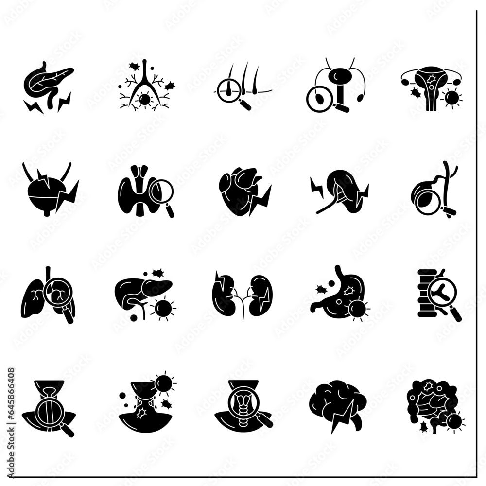Fototapeta premium Human internal organs glyph icons set. Health problems diagnostic. Prevention of diseases. Medical treatment.Health concept.Filled flat signs. Isolated silhouette vector illustrations