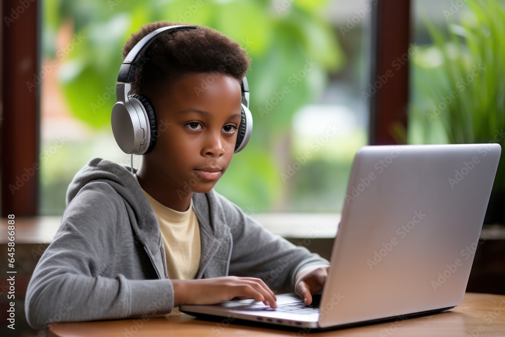 Grade School Boy Immersed in Online Remote Learning with Laptop Grade School Boy Immersed in Online Remote Learning with Laptop