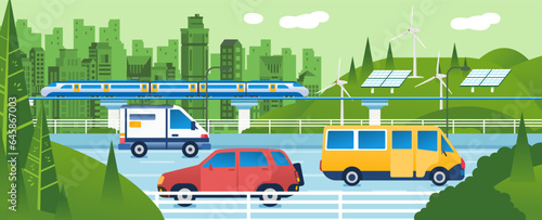 Eco city. Urban landscape of future town Sustainable eco friendly cityscape with Infrastructure Transportation