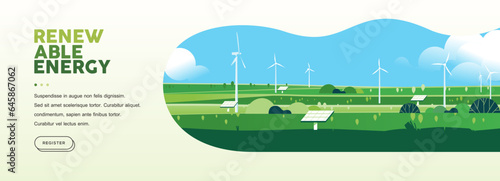 Green hills nature landscape Eco friendly technology, sustainable environment, renewable alternative energy, wind turbine banner