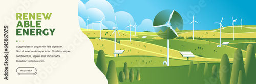 Green hills nature landscape Eco friendly technology, wind turbine, alternative renewable energy, sustainable environment banner