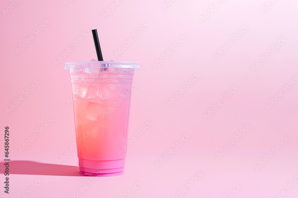 Pink drink in plastic cup isolated on pink background. Take away drinks concept with copy space Pink drink in plastic cup isolated on pink background. Take away drinks concept with copy space