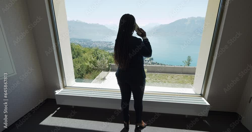 Successful Businesswoman Manager Looking Through Glass Window View Successful Businesswoman Manager Looking Through Glass Window View