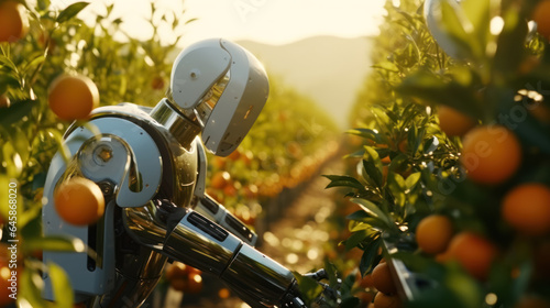 A robot is picking oranges in a vast orange field.