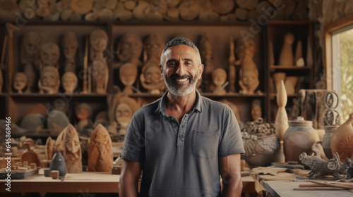 Artisan sculptor artist of Arab appearance smiling at camera against backdrop of the workshop and his product