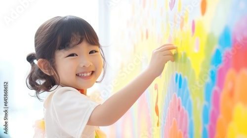 Asian little girl is painting the colorful rainbow and sky on the wall and she look happy and funny, concept of art education and learn through play activity for kid development.