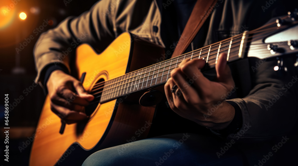 Guitarist and producer tuning his acoustic guitar Guitarist and producer tuning his acoustic guitar