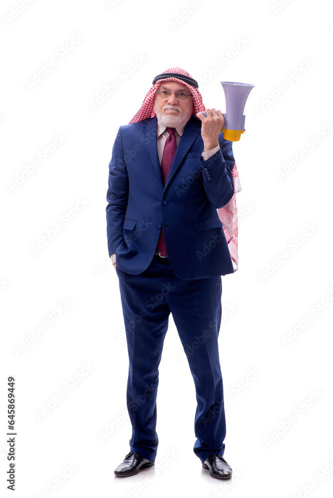 Old arab businessman holding megaphone isolated on white Old arab businessman holding megaphone isolated on white