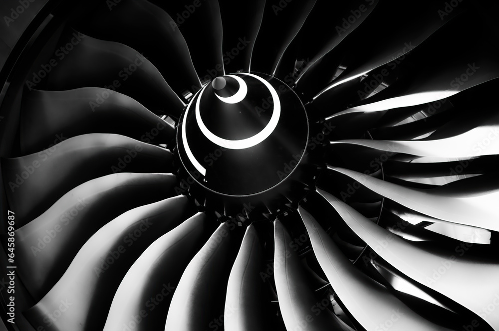 Jet engine blade, close up detail in black and white, blades of the turbofan engine of the aircraft - obrazy, fototapety, plakaty 