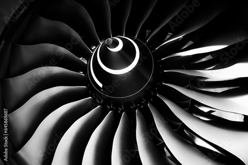 Jet engine blade, close up detail in black and white, blades of the turbofan engine of the aircraft