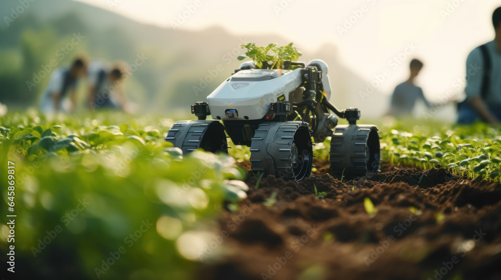 Smart robotic futuristic farmers working on field Agriculture technology, Farm automation Smart robotic futuristic farmers working on field Agriculture technology, Farm automation