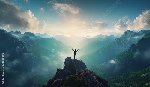 A person celebrating on top of a cliff, hiking, created with AI