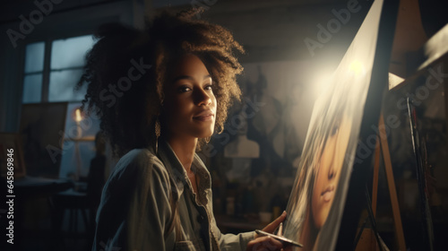 Artist painting portrait of black woman on easel against lamp during work in spacious workshop