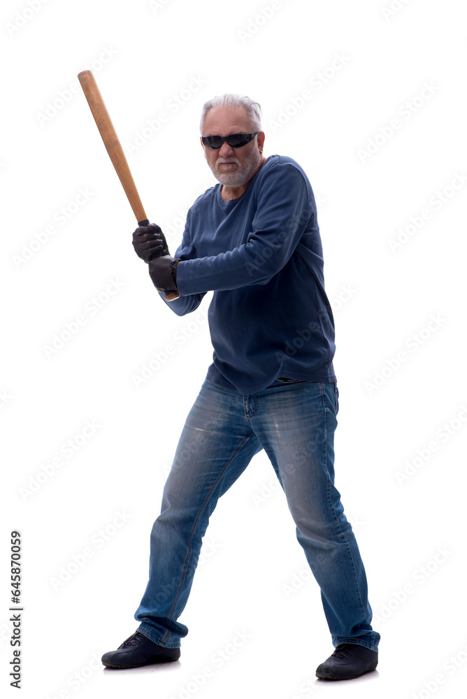 Old male burglar holding baseball bat isolated on white Old male burglar holding baseball bat isolated on white