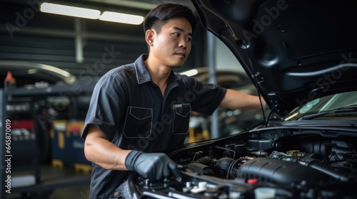 Asian mechanic checking the safety of a car. Maintenance of damaged parts in the garage. Maintenance repairs. Repair service concept. © Sasint