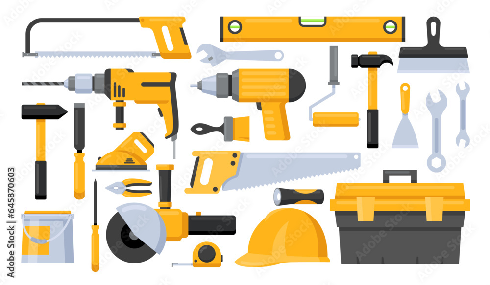 Set of constructions tools on isolated white background. Builder, repair tools, building, architecture, architect, repairmen essential tools. Under construction. Set of constructions tools on isolated white background. Builder, repair tools, building, architecture, architect, repairmen essential tools. Under construction.