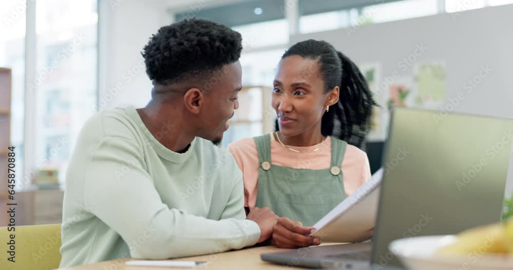 Couple, bills and laptop for budget, planning loan investment and financial administration at home. Man, woman and happy black people with banking documents at computer for insurance, tax and savings Couple, bills and laptop for budget, planning loan investment and financial administration at home. Man, woman and happy black people with banking documents at computer for insurance, tax and savings
