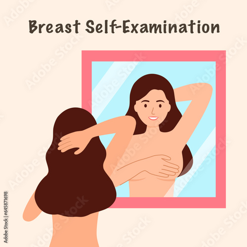 Breast self examination concept vector. Self-inspection of a mammary gland. 
