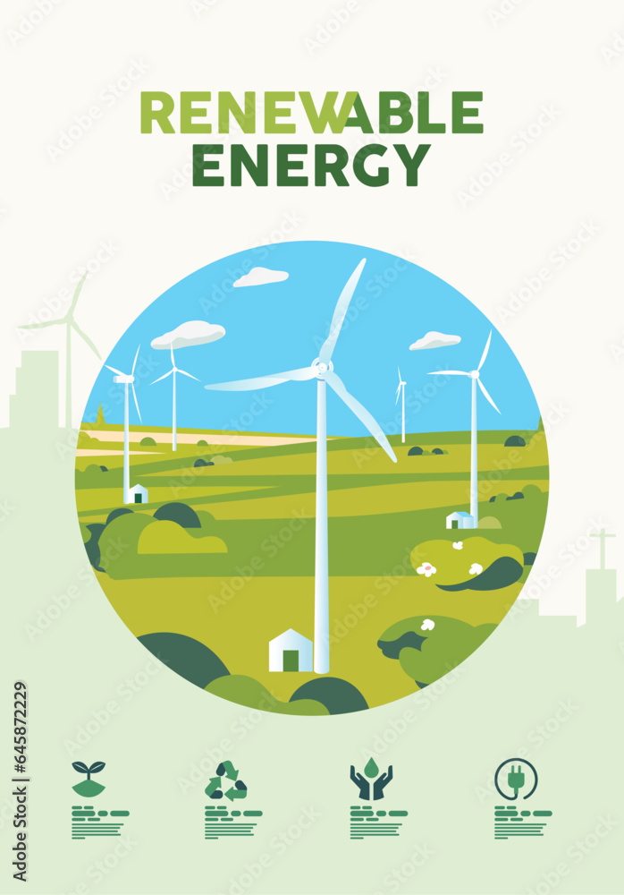 Green hills nature landscape, environment, field, meadows, ecology, renewable alternative energy, wind turbine poster banner concept