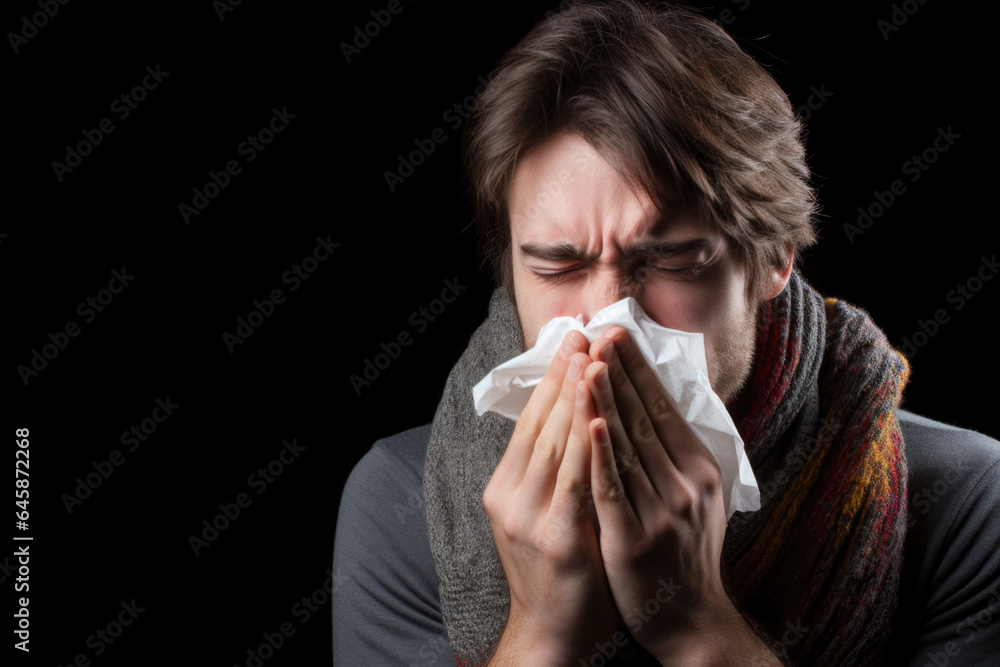 Man Covering Nose with Tissue During Cold and Flu Season - No Hat, Generative AI Man Covering Nose with Tissue During Cold and Flu Season - No Hat, Generative AI