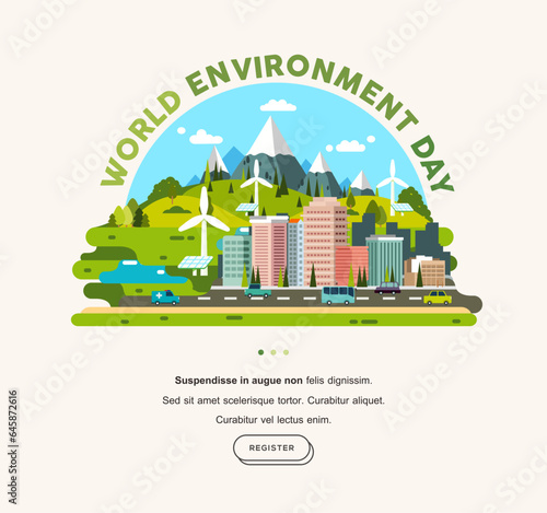 Word environment day Sustainable eco friendly cityscape with Infrastructure and Transportation banner template