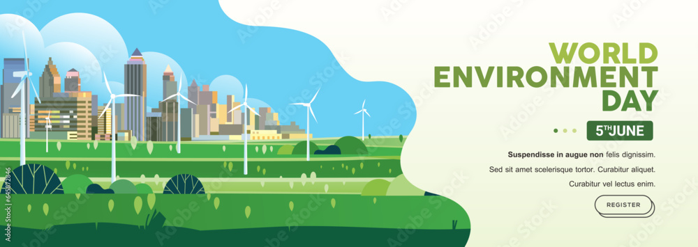 Wind Turbine In Green Eco city Background Alternative renewable Energy Source Technology banner template web