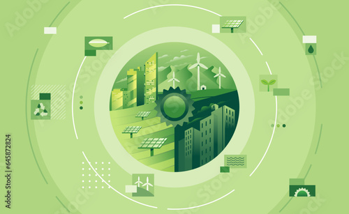 Wind Turbine and solar panel In Green Eco city environment Alternative renewable alternative Energy Source concept