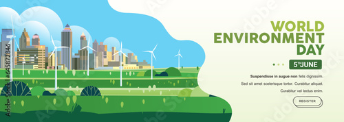 Wind Turbine In Green Eco city Background Alternative renewable Energy Source Technology banner template web