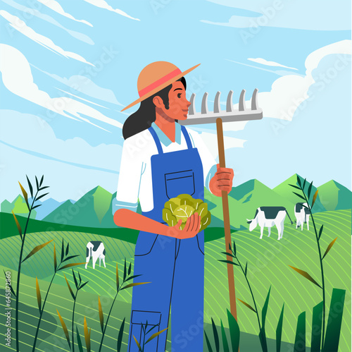 Woman farmer standing while holding a straw fork and vegetable. green meadow landscape nature with cows grazing in the hills