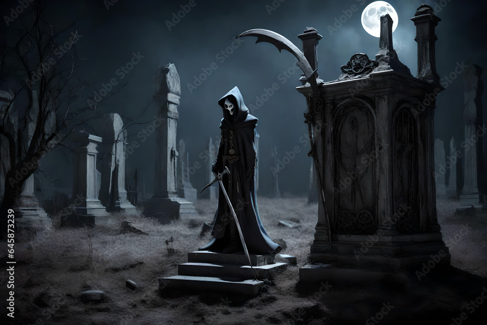 Moonlit Enigma: A Tall, Mysterious Figure Veiled in Shadows, Brandishing an Otherworldly Scythe, Stands Solemnly in the Haunting Embrace of a Desolate Graveyard Under the Shimmering Gaze of the Moon. Moonlit Enigma: A Tall, Mysterious Figure Veiled in Shadows, Brandishing an Otherworldly Scythe, Stands Solemnly in the Haunting Embrace of a Desolate Graveyard Under the Shimmering Gaze of the Moon.