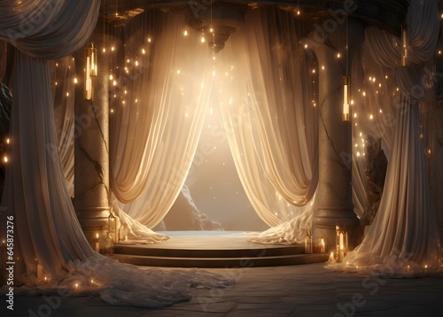 Vintage stage curtains with spotlight, mountain view backdrop