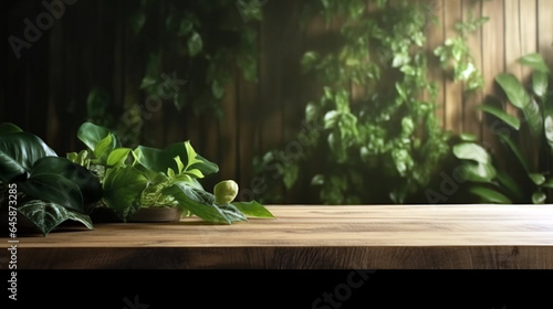 wood table green wall background with sunlight with green plant foreground. Empty wood table