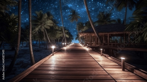 Wooden Bridge with Wooden Railing at Night. wooden pathway with beautiful night sky with stars © Witri